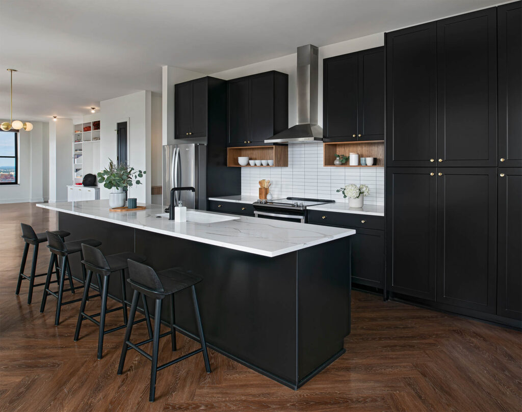 Contemporary kitchen in an apartment complex with black cabinetry, marble countertops, modern fixtures, and custom luxury vinyl plank flooring.