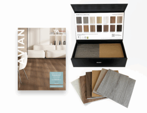 TAJ Avian Rigid Core Click sample kit featuring a modern flooring brochure and an open sample box displaying swatches and color options.