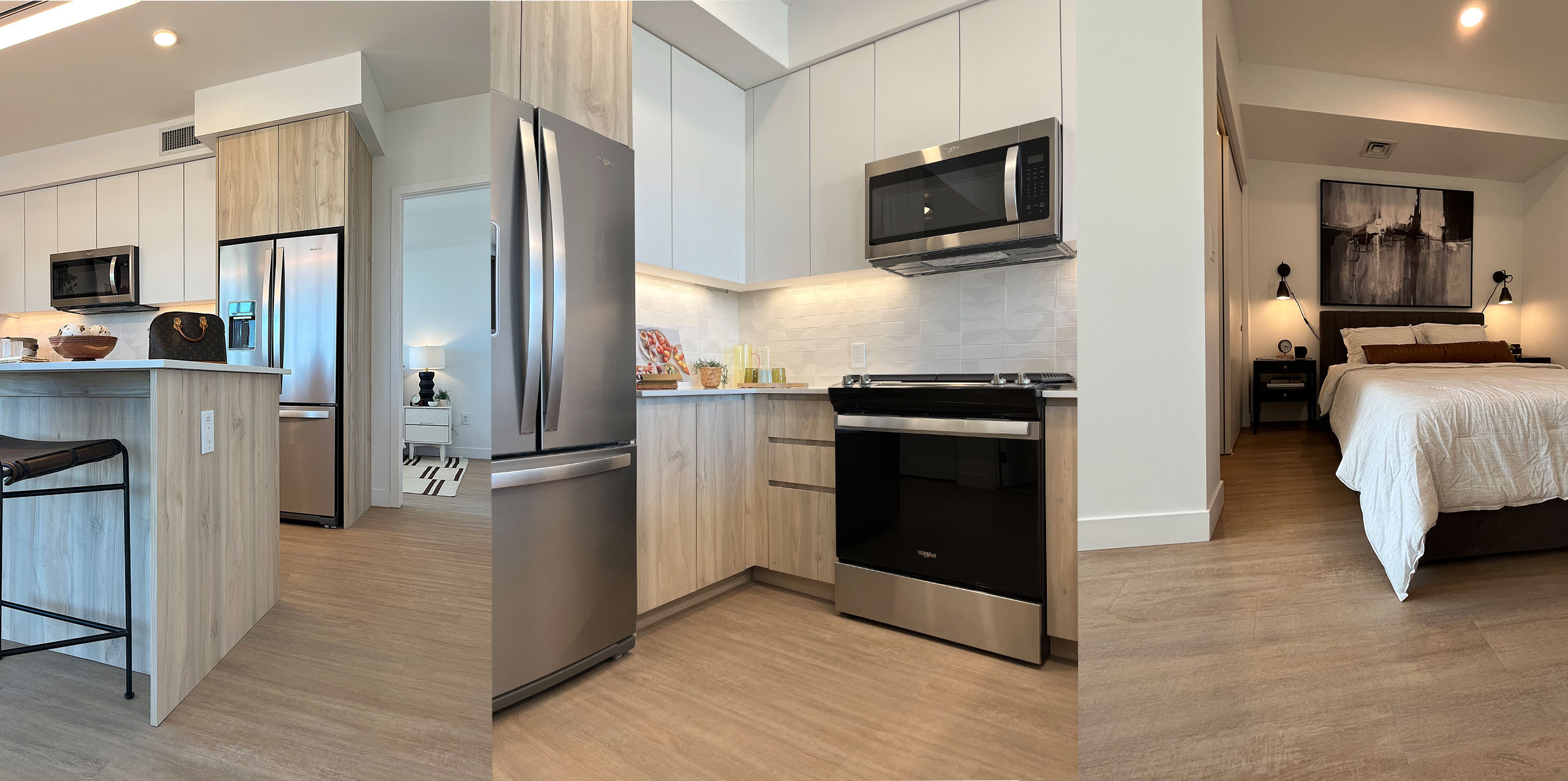 Modern multifamily apartment interior featuring TAJ Wavelength Collection – Oat 5mm Modular Acoustic Luxury Vinyl Plank Flooring installed throughout the kitchen and bedroom. The space showcases a light, natural wood tone floor paired with warm cabinetry, stainless steel appliances, and soft contemporary furnishings at Skye on 6th.