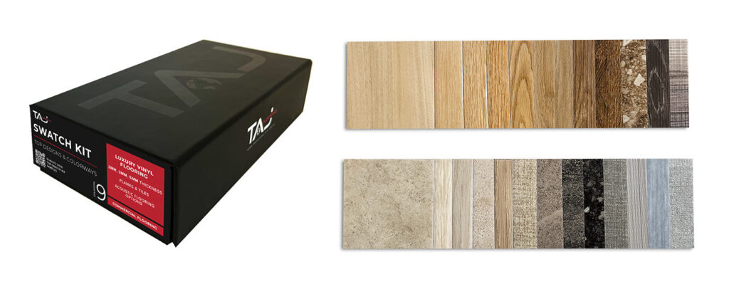 TAJ Swatch Kit displayed in a black branded sample box alongside 25 luxury vinyl plank and tile (LVT) swatches. The collection showcases a curated mix of wood, stone, and textured visuals in a range of colors and patterns, representing TAJ’s commercial LVT offerings across multiple constructions.