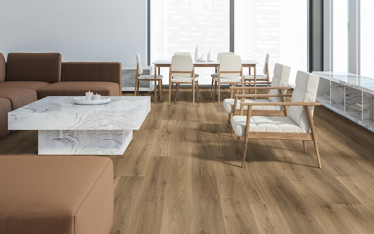 Sesame 5mm LVT wood plank with warm medium-brown tones and subtle natural grain from the Wavelength Modular Acoustic Flooring collection.