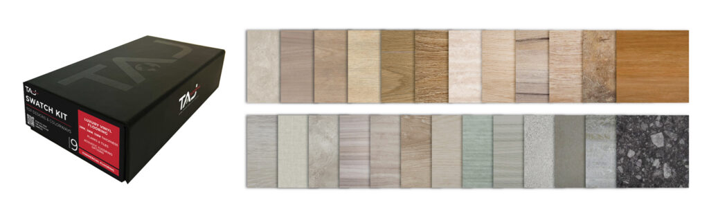 TAJ Swatch Kit with a black sample box and 25 commercial luxury vinyl plank and tile swatches, showcasing wood, stone, concrete, textile, and abstract designs.
