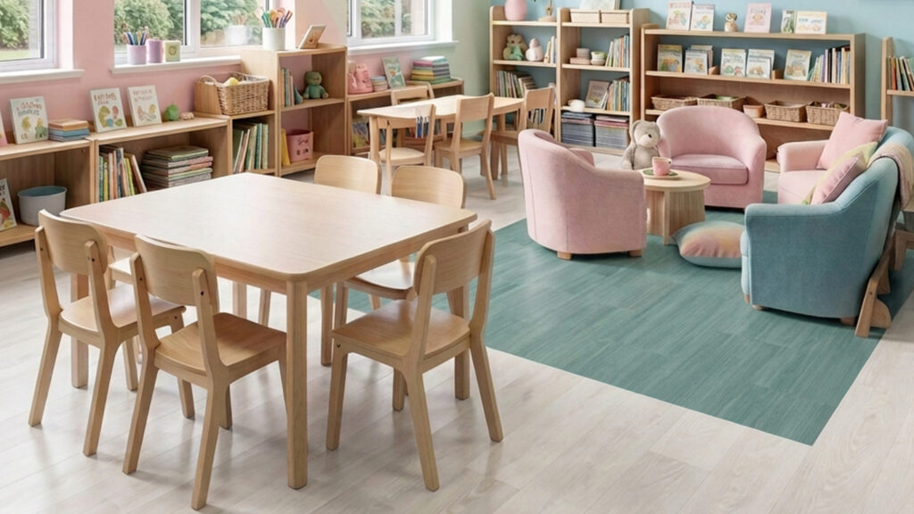Preschool learning space featuring 5mm Shabby Chic wood-look luxury vinyl plank with 5mm Batten Ice luxury vinyl tile defining a colorful seating and activity zone.